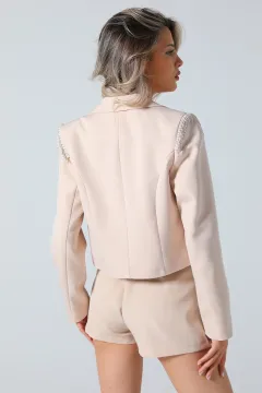 Kadın Omuz Zincirli Crop Blazer Ceket Bej