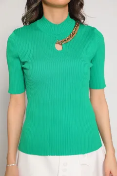 Kadın Ön Dekolteli Zincir Detaylı Likralı Bluz Yeşil
