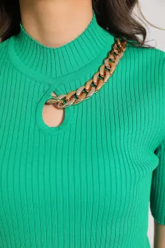 Kadın Ön Dekolteli Zincir Detaylı Likralı Bluz Yeşil