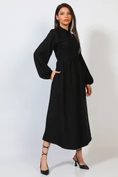 Kadın Ön Düğme Detaylı Güpürlü Elbise Siyah
