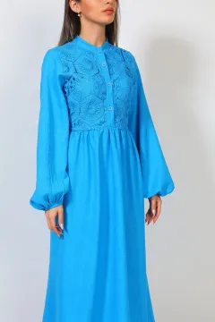 Kadın Ön Düğme Detaylı Güpürlü Elbise Mavi