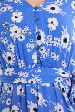 Kadın Ön Düğmeli Çiçek Desenli Kuşaklı Tulum Mavi