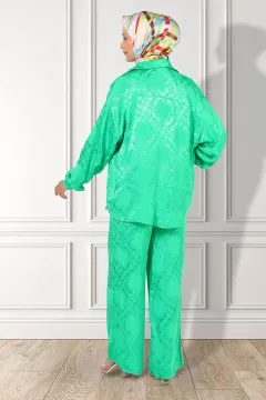 Kadın Ön Düğmeli Tesettür Gömlek Pantolon İkili Takım Yeşil