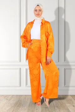 Kadın Ön Düğmeli Tesettür Gömlek Pantolon İkili Takım Orange