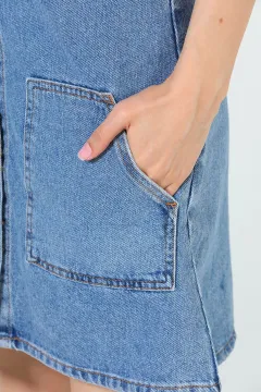 Kadın Ön Düğmeli Jeans Salopet Mavi