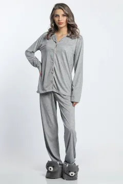 Kadın Ön Düğmeli Pijama Takımı Gri