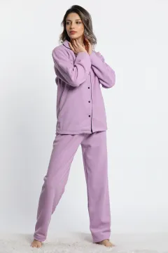 Kadın Ön Düğmeli Polar Pijama Takımı Lila