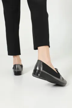 Kadın Ön Lastikli Günlük Babet Ayakkabı Siyahplatin