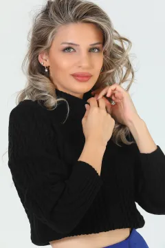 Kadın Örgü Desenli Crop Triko Bluz Siyah