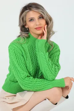 Kadın Örgü Desenli Crop Triko Bluz Yeşil