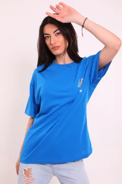 Kadın Oversize Ayıcık Baskılı T-shirt Saksmavisi