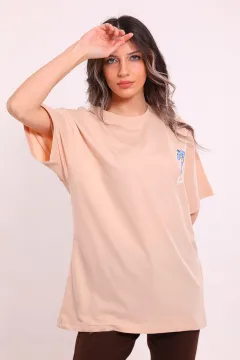 Kadın Oversize Ayıcık Baskılı T-shirt Bej