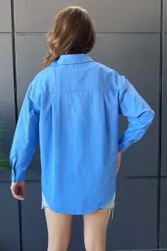 Kadın Oversize Tek Cepli Gömlek Mavi