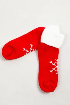 Kadın Peluşlu Desenli Kışlık Termal Çorap Kırmızıbeyaz