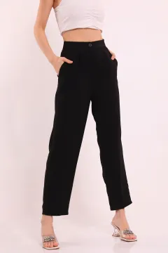Kadın Pileli Cep Detaylı Kumaş Pantolon Siyah