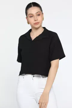 Kadın Polo Yaka Crop T-shirt Siyah