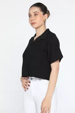 Kadın Polo Yaka Crop T-shirt Siyah