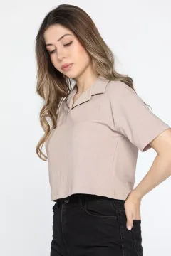 Kadın Polo Yaka Crop T-shirt Bej