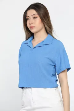 Kadın Polo Yaka Crop T-shirt İndigo
