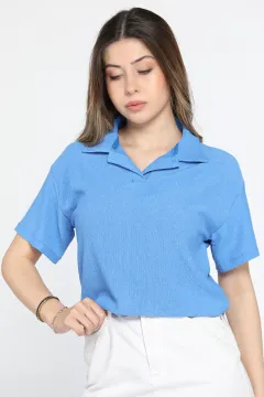 Kadın Polo Yaka Crop T-shirt İndigo