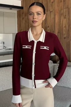 Kadın Polo Yaka İncili Düğme Detaylı Triko Hırka (s-m-l Beden Uyumludur.) Bordo