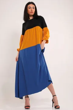 Kadın Renk Bloklu Salaş Tesettür Elbise Mavi