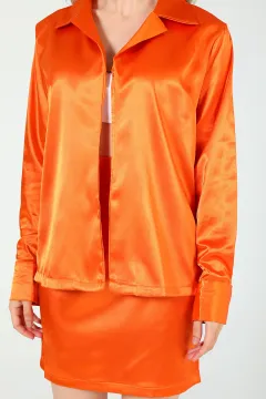 Kadın Retro Saten Ceket Mini Etek İkili Takım Orange