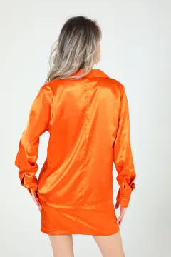 Kadın Retro Saten Ceket Mini Etek İkili Takım Orange