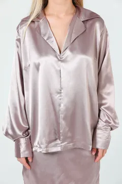 Kadın Retro Saten Ceket Mini Etek İkili Takım Vizon