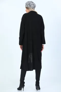 Kadın Şal Yaka Kol Yırtmaç Detaylı Uzun Triko Hırka Siyah