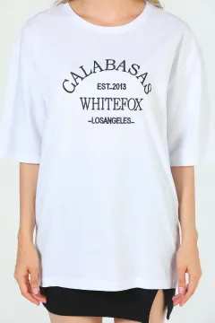 Kadın Salaş Bisiklet Yaka Galabasas Baskılı T-shirt Beyaz