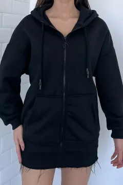 Kadın Şardonlu 3 İplik Kapüşonlu Fermuarlı Sweatshirt Siyah