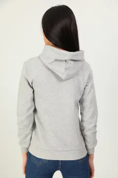Kadın Düz 2 İp Şardonlu Fermuarlı Kapüşonlu Sweatshirt Gri
