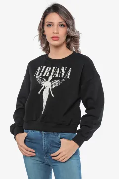 Kadın Şardonlu Ön Baskılı Crop Sweatshirt Siyah