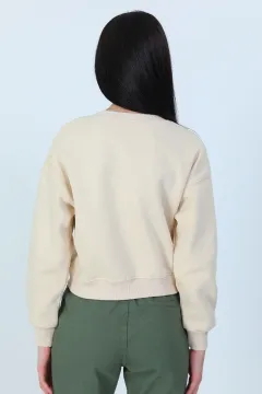 Kadın Şardonlu Ön Nakışlı Crop Sweatshirt Bej