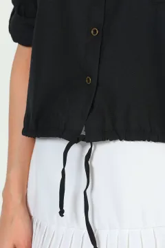 Kadın Sırt Yazı Baskılı Apolet Kol Bel Büzgülü Crop Gömlek Siyah