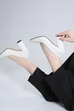 Kadın Sivri Burun Stiletto Kalın Topuk Ayakkabı Sedefsim