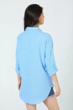 Kadın Taş Detaylı Sahte Cepli Gömlek Mavi