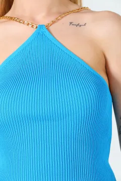 Kadın Triko Sırt Dekolteli Zincir Askılı Bluz Mavi