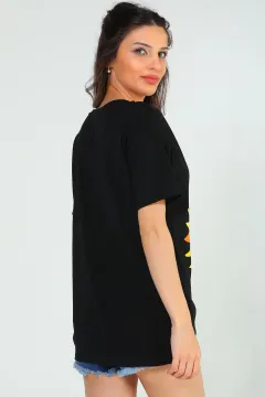 Kadın V Yaka Baskılı T-shirt Siyah