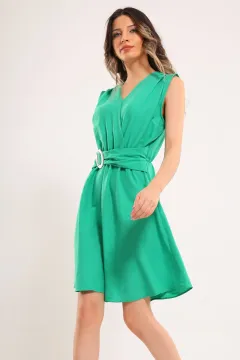 Kadın V Yaka Bel Tokalı Sıfır Kol Elbise Yeşil