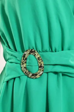 Kadın V Yaka Bel Tokalı Sıfır Kol Elbise Yeşil