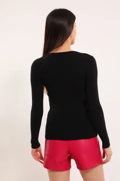 Kadın V Yaka Cepli Büzgülü Triko Bluz Siyah