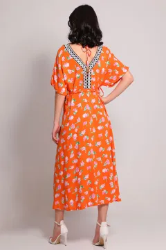 Kadın V Yaka Çiçek Desenli Salaş Elbise Orange