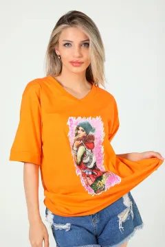 Kadın V Yaka Ön Baskılı Salaş T-shirt Orange