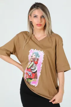 Kadın V Yaka Ön Baskılı Salaş T-shirt Vizon