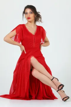 Kadın V Yaka Simli Abiye Elbise Kırmızı
