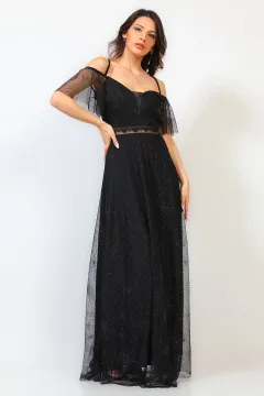 Kadın Yaka Bel Tül Dekolteli Astarlı Işıltılı Uzun Abiye Elbise Siyah