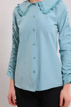 Kadın Yaka Fisto Detaylı Kol Şeritli Gömlek Mint