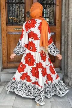 Kadın Yaka İpli Eteği Kat Kat Desenli Viskon Elbise Kiremit